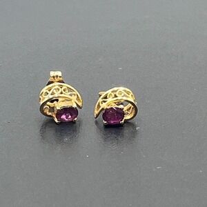 14k Solid Yellow Gold Genuine Oval Ruby Filigree Scroll Earrings Studs Precious